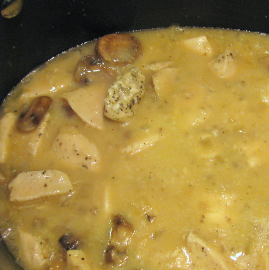 Skillet Chicken and Rice - Soup mixture cooking